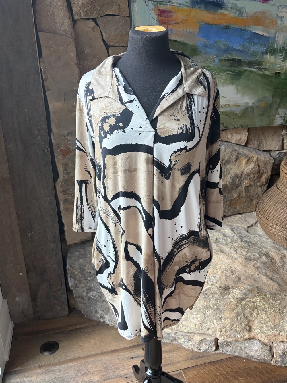 Vintage 90s Fashion Carte Abstract Print Tunic Top XL Art Teacher Chic